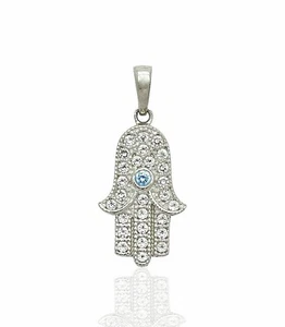 14k Solid Gold 0.79" Hamsa Pendant with Sparkling Blue Stone In the Center - Picture 1 of 3
