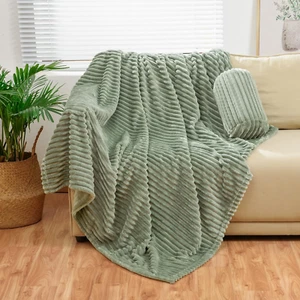 Sage Green Flannel Throw with Storage Pouch,300Gsm Super Soft Fleece Stripe Patt - Picture 1 of 12