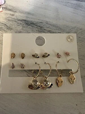 Brincos Forever 21 goldtone space alien stud e argola novos 6 pares - Imagem 1 de 4