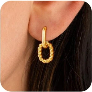Earrings Simple Dainty 14K Gold Plated Paperclip Squar Chain Link Hoops Pin Stud - Picture 1 of 7