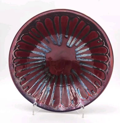 Vnt MCM Signed Studio Art Pottery Console Bowl Burgundy Drip Glaze Scalloped 14" - Image 1 of 4