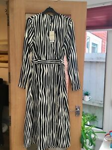 Mango Nina Black Striped Print Midi Wrap Dress New With Tags Size M ( U.K. 10 )