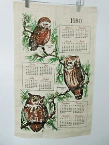 1980 CALENDAR TEA TOWEL OWLS SIGNED SANDY COLORFUL BOLD GRAPHICS PRESSED - Picture 1 of 5
