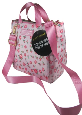 Betsey Johnson Pink Rose Print Zip Top Insulated Lunch Tote Lunch Bag NWT $58 - Image 1 of 4