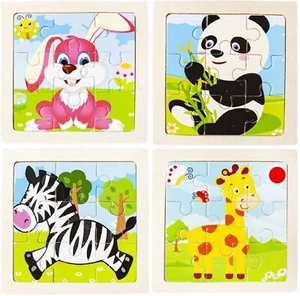 4er Set Holzpuzzle Kinder Tiere Hase Panda Giraffe Zebra Spiel Rätsel Lernen - Bild 1 von 8