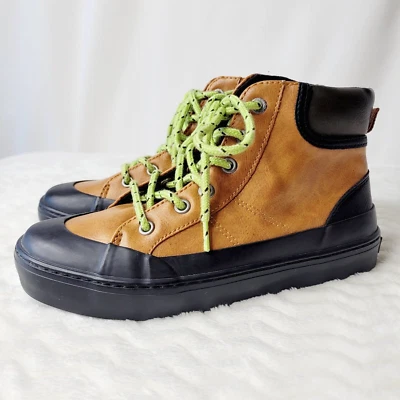 Old Navy Kids Shoe Boots Youth Boys Size 1 Lace Up Tan Faux Leather Black Rubber - Image 1 of 4