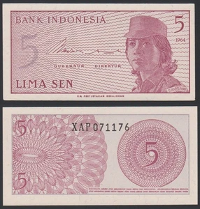 Indonesia 5 sen 1964 Volunteers Female Soldier P91 UNC Replacement Prefix XAP #4 - Picture 1 of 8