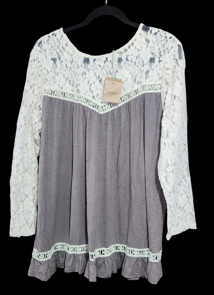 Umgee Encaje Flecos Babydoll Túnica Latte XL Boutique Sexy Blusa Bohemia Nueva Elegante Foto 1 de 4