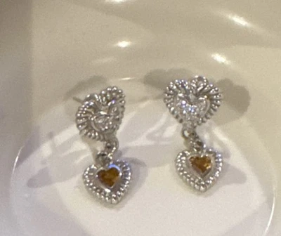 Pendientes colgantes Judith Ripka de plata de ley corte corazón amarillo citrino y circonita cúbica Foto 1 de 4
