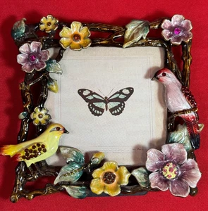 Emaillierter Metall fasst 3,5" Bilderrahmen verziert mit Kristallen & 3D Vögel Blumen - Bild 1 von 17