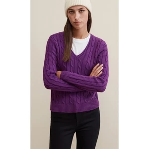 Piombo Purple Cable Knit V-Neck Pullover Sweater size Large  - Picture 1 of 7