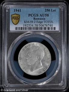 1941 Romania Silver 250 Lei Coin PCGS AU 58 | Edge TOTUL KM-59.2 - Picture 1 of 4