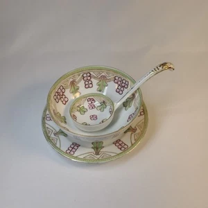 Nippon Handpainted 3-Footed Condiment Sauce Bowl, Underplate and Ladle - Picture 1 of 9