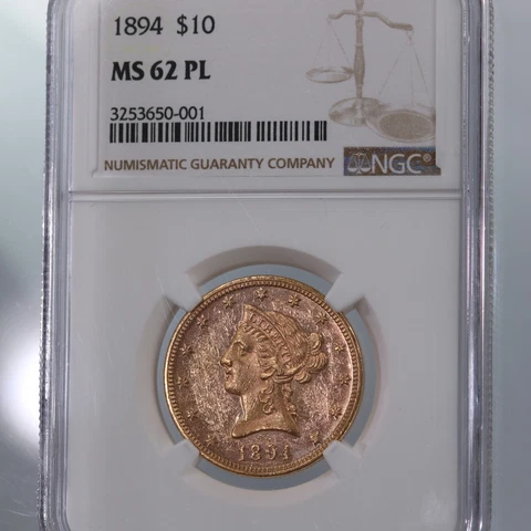 1894 Liberty $10 NGC Certified MS62 Proof Like Graded Half Eagle Gold Coin Cover