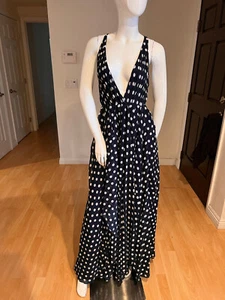 $400 FAME AND PARTNER POLKA DOT RUFFLE MAXI DRESS SIZE 2 US NAVY - Picture 1 of 4