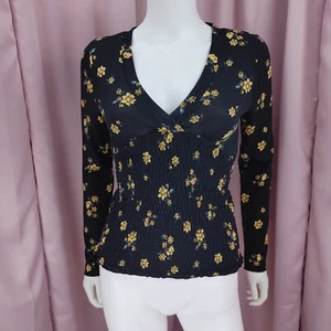Freshman Women's Black & Yellow Floral V-Neck Long Sleeve Shirt Top Medium NWT - Picture 1 of 7