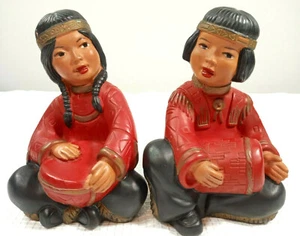 Vtg Mid Century Universal Statuary Chalkware 1954 Pair Native American Children - Picture 1 of 11