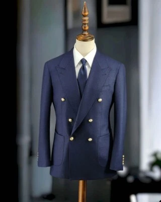 Traje Esmoquin Hombre Azul Doble Pecho Pico Solapa Boda Personalizado Negocios Foto 1 de 4