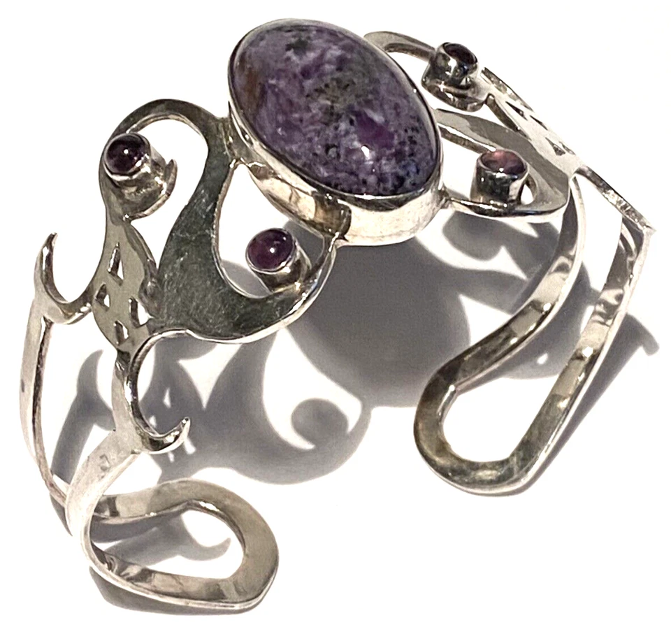 PULSERA BRAZALETE ARTESANAL VINTAGE PLATA ESTERLINA CHAROITE AMATISTA ESCULTURA MODERNA Foto 1 de 4