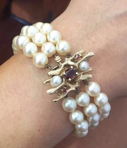 VINTAGE 14K YELLOW GOLD, GARNET & PEARL BRACELET 43.8 GRAMS  - Picture 1 of 9