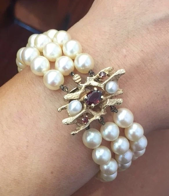 PULSERA VINTAGE ORO AMARILLO 14K, GRANATE Y PERLAS 43,8 GRAMOS  Foto 1 de 4