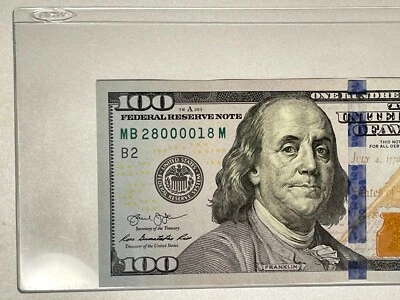 2013 New York $100 Very Fancy S/N MB 28000018 M Uncirculated Crisp In Plastic - Image 1 of 3