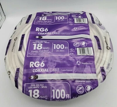 Bobina de cable coaxial Southwire 100 pies 18 AWG RG6 blanco Foto 1 de 3