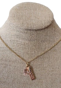 Stamped Metal DREAMER 24" - 27" Necklace Pink Crystal Drop Gold Chain Pendant - Picture 1 of 2