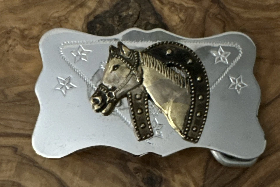 Cabeza de herradura y caballo vintage, occidental, de latón en hebilla de cinturón de metal tono plateado Foto 1 de 3
