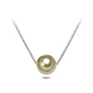 8.5mm Champagne Floating Shell Pearl Pendant Necklace 18" Sterling Silver Chain - Picture 1 of 6