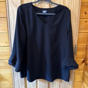 Lands End Black Blouse 3/4 Flutter Sleve Vneck Crepe Size 18 - Picture 1 of 9