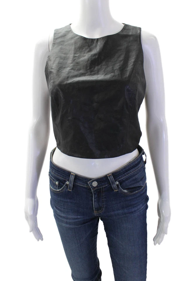 Alice + Olivia Women Cropped Tank Black Lamb Leather Biker Zip Neck Size 8 - Image 1 of 4