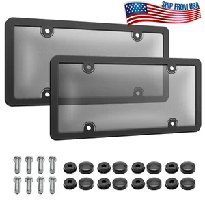 2 Universal Black License Plate Frame Tag Cover Screw Caps Protector Car Truck- - Picture 1 of 8