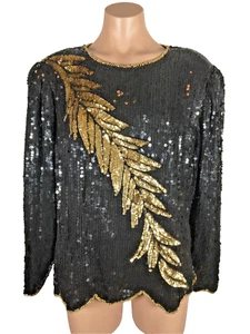 Vintage Scala Sequin Top PLUS 2x Long Sleeve Floral Gold Black Trophy Wife Silk - Picture 1 of 6