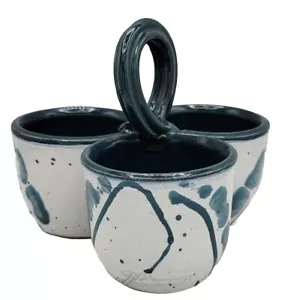 Signed John Bauman Condiment Bowls Handmade Art Pottery 3 Section Hand Painted - Picture 1 of 8
