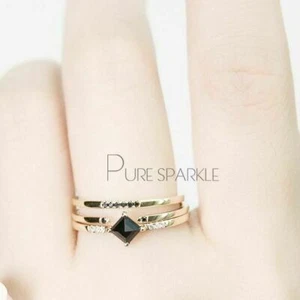 14K Gold 0.33 Ct. White And Square Shape Black Lab-Created Diamond Delicate Ring - Picture 1 of 7