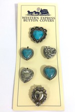 Lot Of 6 Silver Tone Turquoise Western Motif Button Covers #B9