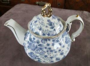 Victoria's Tea Room Individual Blue Floral 2 Cup Gold Trimmed Teapot