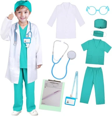 Kid Doctor Costume scrubs lab coat stethoscope other props career day school - Image 1 of 4