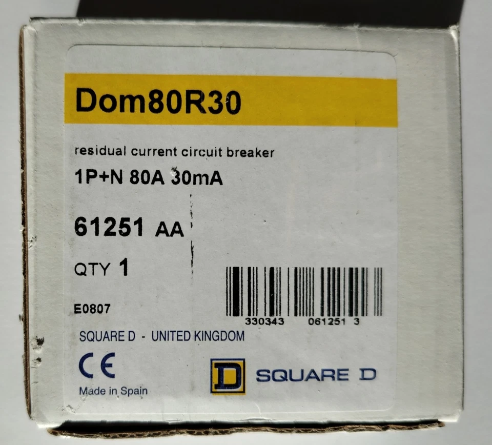SCHNEIDER/SQUARE D DOM80R30 80A 30MA RCCB/RCD - Image 1 of 1