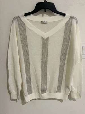 BRUNELLO CUCINELLI Embellished V Neck Metallic Striped Sweater Top XS Off White - Image 1 of 4