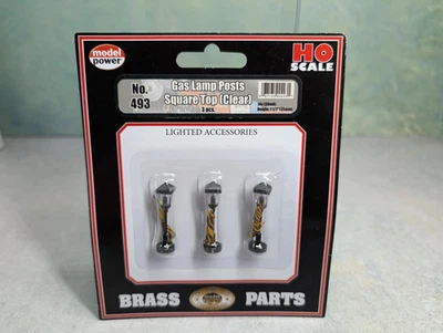 Model Power 493 HO Scale Gas Lamp Posts, Square Top, Clear Brass Parts (3 pcs) - Image 1 of 2