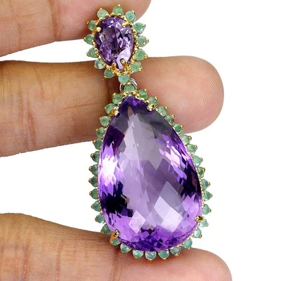 Colgante de plata de ley 925 pera amatista 86ct esmeralda hecha a mano joyas de piedras preciosas Foto 1 de 4