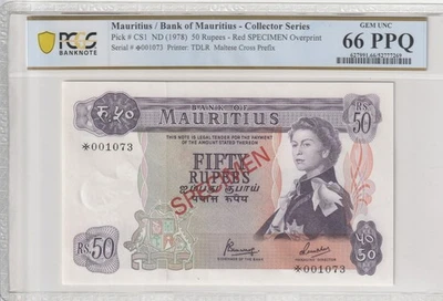 Mauritius 1978 50 Rupees Specimen Certified PCGS Banknote UNC 66 PPQ Pick CS1 - Image 1 of 2