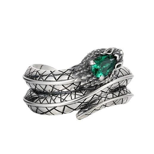 Anillo Serpiente Vintage con Piedra Verde, Base Cobre Chapado en Plata, Retro Punk Foto 1 de 4