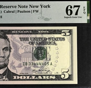 2006 $5 Federal Reserve Note PMG 66EPQ Superb Gem Fancy Serial Number 33444405 - Picture 1 of 3