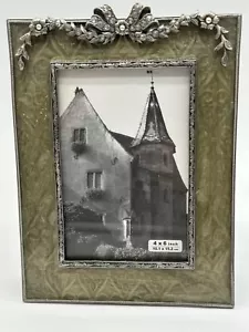 VTG Silver Metal Bow Stone Pearl Ornate Green Enamel Picture Frame 4x6 - Picture 1 of 9