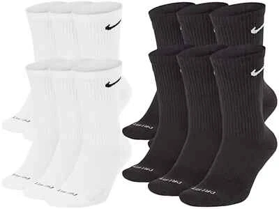 Nike Everyday Dri-Fit 6 Pairs Black White Crew Socks Cushioned Gym Sports Socks
