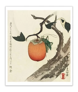 KATSUSHIKA HOKUSAI Kakivrucht met sprinkhaan VINTAGE JAPANESE ART PRINT Poster - Picture 1 of 2