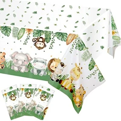 3 PCS Jungle Safari Tablecloths Animal Print Table Cover, Sage Green Baby Shower - Image 1 of 4